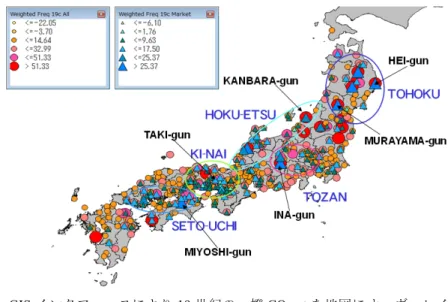 図   7 GIS インタフェースにより 19 世紀の一揆 CO-set を地図にオーヴァレイした例 7.  まとめ－歴史地理研究における本システムの意義と課題 これまで述べてきたように，筆者らは本システムを人文・社会科学分野の研究支援 ツールとして位置づけている．より具体的には，①歴史情報（あるいは時空間情報） データベースの構築，②動的かつ直感的な時空間情報の視覚化，③事象間の関係を中 心にした時空間情報の編纂，を支援する機能を提供する．  歴史地理分野の研究においてこれらの機能を利用することの意義は，