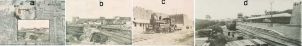 図 5 a ：乾隆京城全図の北堂   b ： Der alte Peitang （古い北堂）   c ： Der Peitang( 北堂 ) 、 d：現在の北堂（撮影：田中裕子）  3.4  同一建築物の多視点による比較 図 2- 図 4 の左上の写真は GE 上に古写真をマッピングした状態であるが、古写真を クリックするだけで複数視点の写真を切り替えることができるため、同一建築物を多 視点で比較することができる。図 2 は崇文門の写真であり、崇文門自体の写真に加え て崇文門から眺めた内城と外城の風景が残っ
