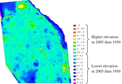 図  11   地形図から作成した DEM  5.  地形分析  このように作成した DEM から，約 130 年前に存在していた多数の湖や池沼の痕跡 を探ることが可能となる．桜井ほか（ 2007 ）によると，ハノイは阮朝時代（ 1802 ～ 1945 年）に湖や池沼の不断の埋め立てによって著しい都市発展を遂げ，1960 年代には現在 の地形に安定した．また，米澤ほか（ 2007 ）では GIS やそれらの情報処理技術を用い て，次の 4 点を理由に桜井ほか（2007）が示したハノイの都市形成の根拠を情報学