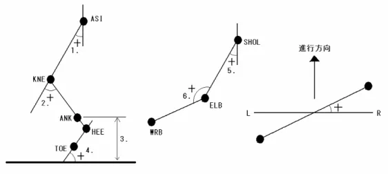 図 1.各パラメータの定義  左図が下肢の運動学的パラメータで、中央の図が上肢の運動学的パラメータを示す。図中の番号は、表 1. で各パラメータに振られた番号に対応する。右図は、7.肩の角度と 8.腰の角度の正方向と進行方向がなす 関係を図示している。  3