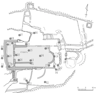 図 6: 第三聖堂でのレーザースキャナ設置場所 ([2 ] の図版を著者が改変 ) 測は分割したといった要因による．取得した点群 数は 5,344,500 点，ファイルサイズは約 70MB に 達した． この他に，第三聖堂の発掘調査によって発見さ れた建築部材のうち，アンボンと呼ばれる説教壇 の部材など主なものを一カ所に集めて， 3 次元計測 を行なった．浮彫り模様などは，今回使用したス キャナの性能および計測方法ではうまくモデル化 できないことが予想されたが，このような部材の 記録や活用方法についての検討