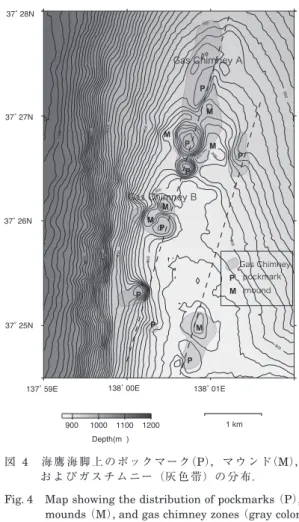 Fig. 4　 Map showing the distribution of pockmarks （P）,  mounds  （M）, and gas chimney zones （gray color  hatched zones）.