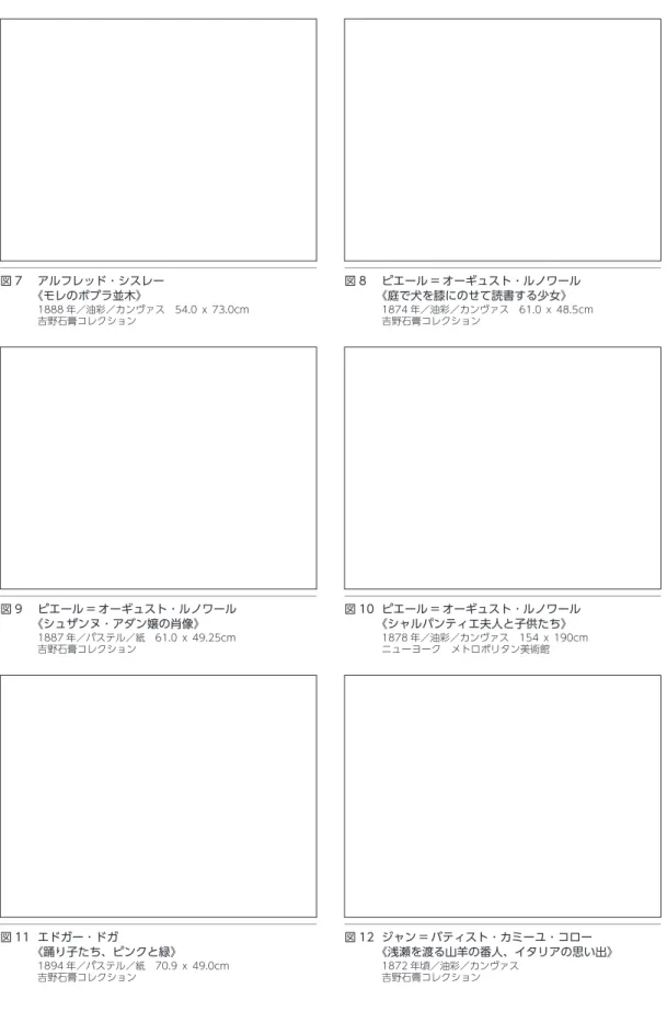 図 8  ピエール = オーギュスト ･ ルノワール 《庭で犬を膝にのせて読書する少女》 1874 年／油彩／カンヴァス　61.0 ｘ 48.5cm 吉野石膏コレクション 図 10  ピエール = オーギュスト ･ ルノワール 《シャルパンティエ夫人と子供たち》 1878 年／油彩／カンヴァス　154 ｘ 190cm ニューヨーク　メトロポリタン美術館 図 12  ジャン = バティスト ･ カミーユ ･ コロー 《浅瀬を渡る山羊の番人、イタリアの思い出》 1872 年頃／油彩／カンヴァス　 吉野石膏コレク