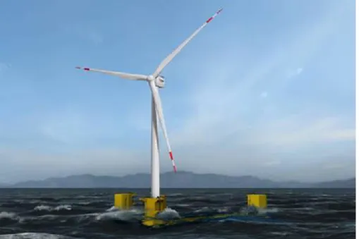 図 3  7000kW 浮体式洋上風力発電設備の完成予想図（出典：福島洋上風力コンソーシアム）  「実は台風などによる倒壊を心配しなければならないのは、建設途中の場合です。完成した後の浮体式洋上風 車は 714m のチェーン 6 本、洋上変電所は 656m のチェーンが４本係留されていますので、史上最大級の台風 が襲来してもまったく問題ない安全率を確保して運用しています。将来的にはコストを低減しなければならない ので、その場合の安全率をどう確保するか研究していく必要はあります」  では東日本大震災のような大