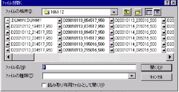 図 6.2：収録データフォルダーの内容表示  ４      目的の MSR16H データファイルを選択します。図 6.3 をご参照ください。  ５      選択したファイル名が、ファイル名欄に入ります。  ６      開くボタンを押します。  ７      上記ファイルの名前が画面ファイル名表示領域に表示されます。  ８      ファイルが MSR16H 上に呼び出されて、プロット表示されます。表示し終わるまでに少し時間 がかかります。図 6.4 をご参照ください。  図 6.3：目的データファイルの