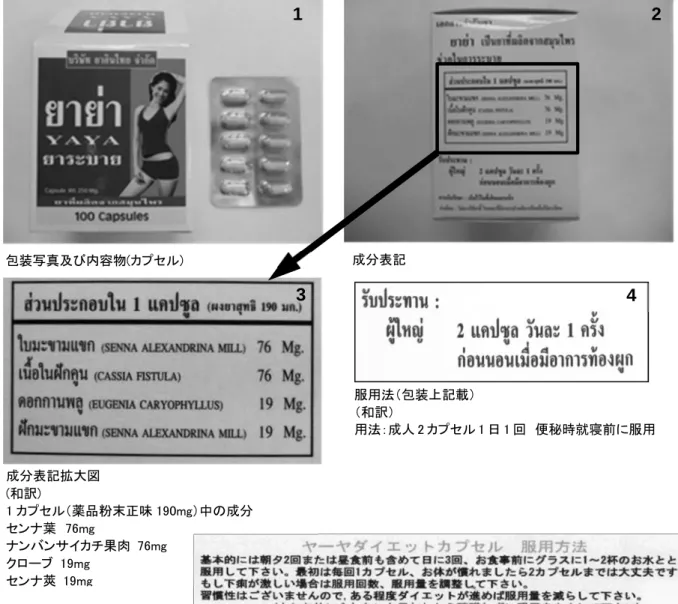 図 5 5 5 5   検体 検体 検体 検体 No.10 No.10 （ヤーヤ・ダイエットカプセル）写真 No.10 No.10 （ヤーヤ・ダイエットカプセル）写真 （ヤーヤ・ダイエットカプセル）写真 （ヤーヤ・ダイエットカプセル）写真成分表記拡大図 (和訳) 1カプセル（薬品粉末正味 190mg）中の成分 センナ葉 76mg ナンバンサイカチ果肉  76mg クローブ  19mg センナ莢  19mg 服用法（包装上記載） （和訳）  用法：成人 2 カプセル 1 日 1 回  便秘時就寝前に服用 1 
