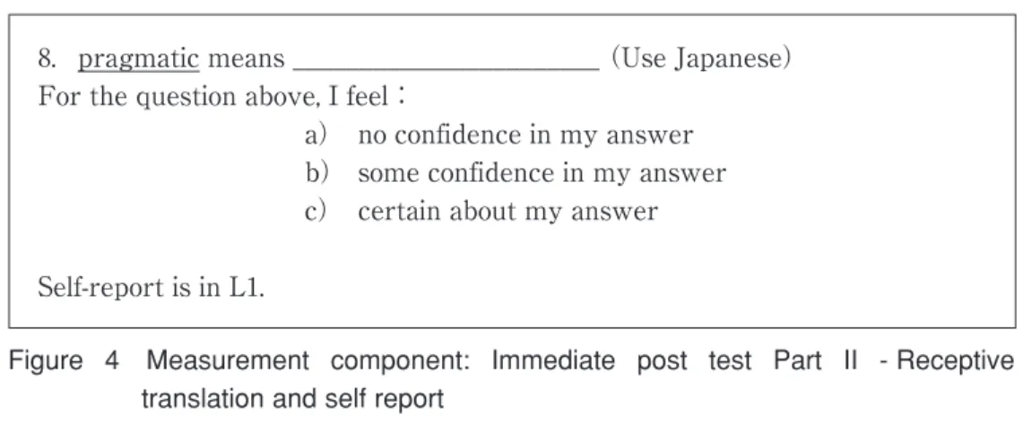 Figure  4 Measurement  component:  Immediate  post  test  Part  II  - Receptive  translation and self report ８.  pragmatic means ̲̲̲̲̲̲̲̲̲̲̲̲̲̲̲̲̲̲̲̲̲̲̲  （Use Japanese）For the question above, I feel：a）  no confidence in my answerb）  some confidence in my a