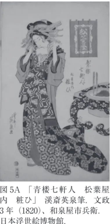 図 4A　『今容  女歌仙  粧ひ』、 喜 多 川 式 麿 筆． 文 化 10 年 （1813）、西村屋与八板． 日本浮世絵博物館．図 5A　「青楼七軒人　松葉屋内　粧ひ」　溪斎英泉筆．文政3 年（1820）、和泉屋市兵衛．日本浮世絵博物館． 図 4B　『 今 容  女 歌 仙  粧ひ』の打ちかけの裾 にある「銀杏」紋． 図 5B　「青楼七軒人　松葉 屋内　粧ひ」の着物にある 「きく」紋．