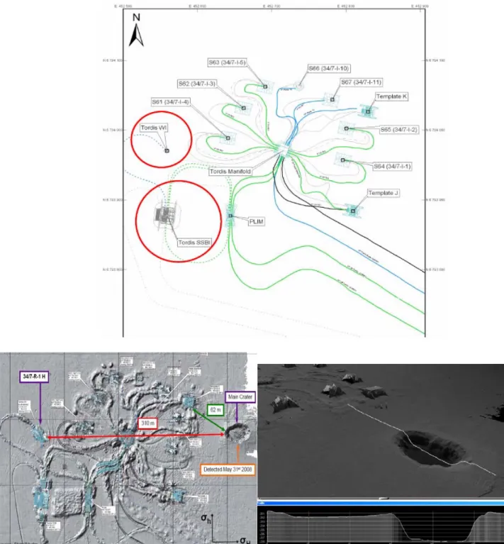 図 10  Tordis サテライトの平面図（水圧入井、SSBI、海底面の陥没）  出所：  StatoilHydro 社資料  26/46  Global Disclaimer（免責事項）  本資料は石油天然ガス・金属鉱物資源機構（以下「機構」）調査部が信頼できると判断した各種資料に基づいて作成されていますが、機構は本資料に含ま れるデータおよび情報の正確性又は完全性を保証するものではありません。また、本資料は読者への一般的な情報提供を目的としたものであり、何らかの 投資等に関する特定のアドバイスの提供を