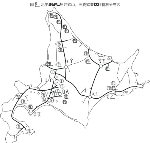 図 2 北炭および三井鉱山，三菱鉱業の社有林分布図 24 13 16 18 19 8 17 10 14 11 2 4 12 6 5 3 1 27 7 929 31 28 30 25 2615 23 2220 21室蘭夕張砂川旭川北見池田釧路 北炭社有林名： 栗山， 沼田， 二股， 北龍， 万字， 幾春別， 沼ノ端， 雄信， 追分， 多寄， 大和田， 沼ノ上， 浅茅野， 元紋別， 貫気別， 浜頓別， 中興部， 松音知， 敏音知， 白糠， 釧 路， 舌辛， 津別， 豊富， 亀田， 夕張， 千才， 知床， 黒松内