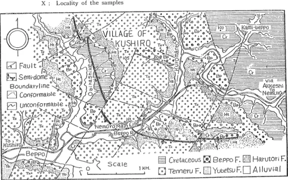 Fig. 1 Geological map of the type Beppo CBWO area "ear Kushiro, eastern Hokkaido X : Locality of the samples