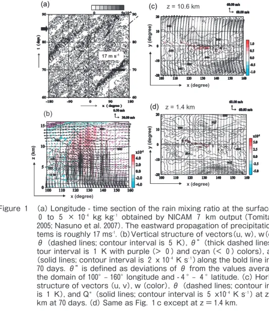 Figure  1 　  （a）Longitude - time section of the rain mixing ratio at the surface from  0   to  5   ×  10 - 4   kg  kg - 1   obtained  by  NICAM  7   km  output（Tomita  et  al  2005; Nasuno et al