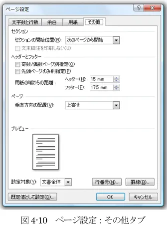 図 4-10  ページ設定：その他タブ  その他タブ（図 4-10 参照、前ページ）    ヘッダー、フッター：用紙の端からのヘッダー、フッターの位置を決めます。   最後に「 OK」（取り消す場合「キャンセル」）をクリックします。また、標準の既定値にす る設定の場合は［規定値として設定］をクリックし、以下の「はい」もクリックします。規定 値にしない場合は、 「いいえ」にしてください。 図 4-11  ページレイアウト規定値の変更    なお、これらの設定は相互に関係しているので、余白やフォントサイズの選び