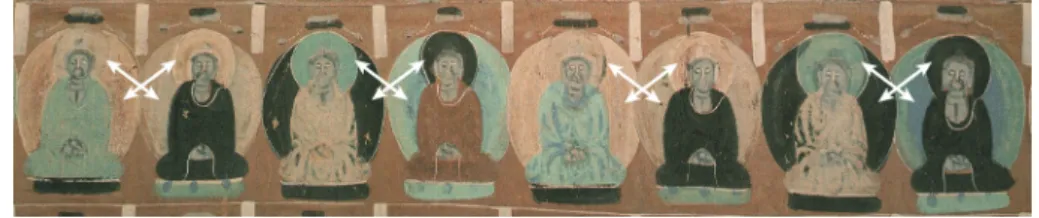 図 13 第 431 窟北壁～東壁千仏図 （出典：敦煌研究院・江蘇美術出版社編 1995，線：筆者作成）図12 第431窟東壁千仏図　「連続型」頭光・身光の配色（出典：敦煌研究院・江蘇美術出版社編1995，線：筆者作成）図11 第431窟北壁千仏図　「交差型」頭光・身光の配色（出典：敦煌研究院・江蘇美術出版社編1995，線：筆者作成）