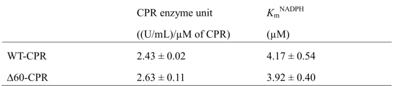 Table 1. Enzymatic parameters of WT- and  60-CPRs. The enzyme unit (U) of CPR is  defined as the reduction of 1.0 µmole of ferric cytochrome c with NADPH per minute at  pH 7.4 and at 37°C