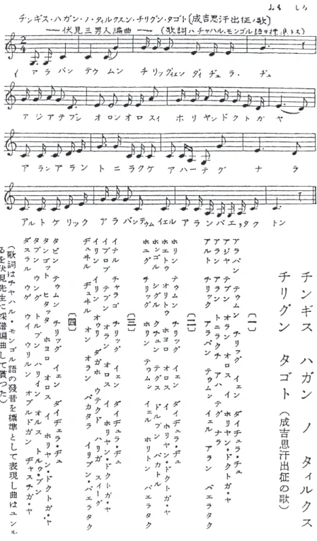 図 9　「成吉思汗出征の歌」の楽譜（都竹武年雄氏提供）