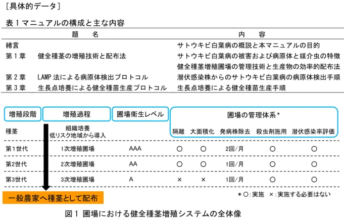 表 1 マニュアルの構成と主な内容  題    名  内    容  緒言  サトウキビ白葉病の概説と本マニュアルの目的  第 1 章  健全種茎の増殖技術と配布法  サトウキビ白葉病の被害および病原体と媒介虫の特徴  健全種茎増殖圃場の管理技術と生産物の効率的配布法  第 2 章  LAMP 法による病原体検出プロトコル  潜伏感染株からのサトウキビ白葉病の病原体検出手順  第 3 章  生長点培養による健全種苗生産プロトコル  生長点培養による健全種苗生産手順  図 1 圃場における健全種茎増殖システム