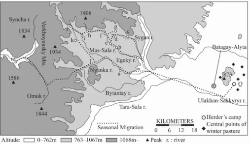 Figure 1  The pasture and seasonal  migration  of the 3rd reindeer  working  team of the agricultural          enterprise in Eveno-Bytantaysky district of Sakha Republic from April 1995  to March  1996: 
