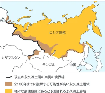 図 TS.11.  2100年のSRES A2シナリオで予測される北アジアの永 久凍土層の境界線の将来変化[図10.5]の事例を数多く有している。しかしながら、このようなストレスが増加する可能性があるなか、地域特有の貧困、貧弱な制度整備、データや情報へのアクセスの悪さ、及び健康負担の増大などの問題も考えあわせると、これらの戦略は、気候の変動性と変化に適応するには不十分である可能性が高い [9.2.1、9.2.2、9.2.5]。アジア　観測結果は、気候変動が過去数十年間にアジアの多くの分野に影響を与えてきたこ
