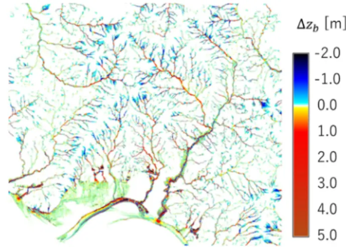 図 1.  Logistic regression によって得られた土石流 始点がその位置に生じる確率の空間分布．  図 2.  疑似斜面崩壊データの一例，黒点は崩壊の 位置を表す．  ３．計算結果と考察  得られた地形変動量（計算前後での地表面標高  z b の差分）の一例を図 3 に示す．統計的手法で生 成した斜面崩壊データを用いているが，例えば谷 底部の河道周辺の堆積・侵食の傾向などについて， 実際の被害と矛盾しない結果が得られた．  次に， 60 ケース得られた地形変動量の相対標準 偏差 RSD （