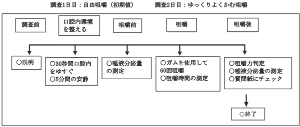 図 1 研究プロトコールㄪᰝ๓ཱྀ⭍ෆ⎔ቃࢆᩚ࠼ࡿ࿪ᄮ๓ ࿪ᄮ ࿪ᄮᚋۑㄝ᫂ۑ⛊㛫ཱྀ⭍ෆࢆࡺࡍࡄۑศ㛫ࡢᏳ㟼ۑ ⤊஢ۑၚᾮศἪ㔞ࡢ ᐃۑ࣒࢞ࢆ౑⏝ࡋ࡚ᅇ࿪ᄮۑ࿪ᄮ᫬㛫ࡢ ᐃ ۑ࿪ᄮຊุᐃ ۑၚᾮศἪ㔞ࡢ ᐃۑ㉁ၥ⣬࡟ࢳ࢙ࢵࢡۑ⤊ㄪᰝ᪥┠㸸⮬⏤࿪ᄮ㸦ึᮇ್㸧ㄪᰝ᪥┠㸸ࡺࡗࡃࡾࡼࡃ࠿ࡴ࿪ᄮ 後，代表者の承諾を文書で得た．成人期の健常者で自分 の歯でガム咀嚼を行うことが可能で有歯顎者であるこ と，および 2 日間連続して調査を行うことが可能な人の うち，承諾の得られた人に協力を依頼した． 4．調査内容：2 日間の調