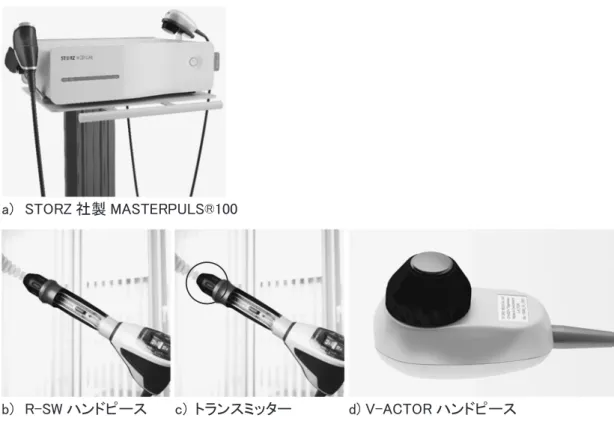 図 1 使用機器と各種装置 ＊機器取り扱い説明より引用（引用転載許可済）㼍㻕 㻿㼀㻻㻾㼆 ♫〇 㻹㻭㻿㼀㻱㻾㻼㼁㻸㻿㼹㻝㻜㻜㻌㼎㻕 㻾㻙㻿㼃 䝝䞁䝗䝢䞊䝇㼏㻕㻌 䝖䝷䞁䝇䝭䝑䝍䞊 㼐㻕㻌㼂㻙㻭㻯㼀㻻㻾 䝝䞁䝗䝢䞊䝇 図 2 RPW 照射の手順（アキレス腱炎を例に） ＊機器取り扱い説明より引用（引用転載許可済）㻿㼀㻱㻼䠍䠄ᅽ③Ⅼ䜈䛾↷ᑕ䠅㻿㼀㻱㻼䠎䠄㛵㐃䛩䜛➽䜈䛾↷ᑕ䠅 㻿㼀㻱㻼䠏䠄➽䛾䝬䝑䝃䞊䝆䠅 統計解析 統計解析には Wilcoxon の符号付順位検定を用い，有 意水準はそれぞれ 5％ 未満とした． 倫
