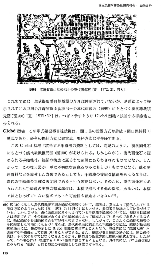 図 ９９ 江 蘇省 銅 山洪 楼 出 土 の漢 代 画 像石 ［ 夏   １ ９７２：２１，図 ８］   これ ま で には ， 単式 擬 似 番 目綜絖 機 の存 在 は 確 認 され て い な い が ，夏 蕪 に よ って提 示 され て い る中 国 の江 蘇 省 銅 山洪 楼 出土 の 漢 代 画 像石 （ 図９９ ） に もとつ く漢 代 織 機 復 元 図 （ 図 １ ０ ０）［ 夏   １ ９７２：２３ ］は ，つ ぎ に示 す よ うな Ｃｌ ｃ ｂｄ 型機 に該 当 す る手 織 機 