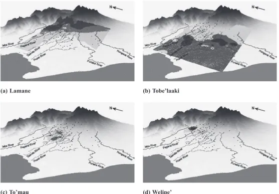 Figure 3   Use of GIS analysis to create a bird’s eye view of dialect distribution overlaid on GDEM 