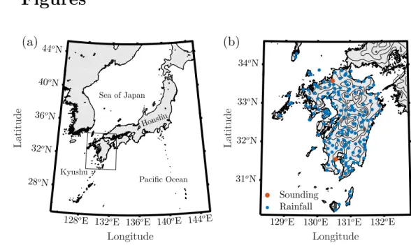Figure 1: (a) Map of Kyushu and the surrounding area. (b) Locations of “Sounding” stations (red;