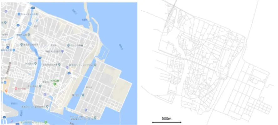 図 1: Simulated Area (Okinosu, Tokushima) and Its Road Network