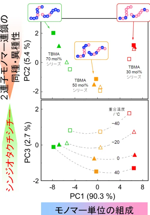 図 1-6   重合温度や仕込みモノマー組成が異なる MMA － TBMA 二元共重合体 12 種の 13 C NMR スペクトルから得られた PCA スコアプロット。各主成分軸の（  ）内は寄 与率を示す。 さらに，統計的二次元 NMR(stat-2D NMR)法を用いて，PC2 と PC3 に反映されている 一次構造情報の詳細な把握を試みた。この検討には，共重合体 12 種とそれらを酸加 水分解とメチルエステル化して得られた 12 種の PMMA を用いた。これらの試料を用 いた stat-2D NMR