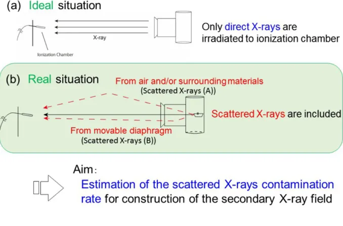Fig. 2: Concept of air-kerma measurements. In an ideal situation, scattered X-rays in the air and the movable diaphragm become contamination.