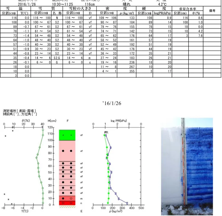表 6.2  積雪 観測 （長岡 28 1 26 ） Table 6.2  Physical properties of snow at the SIRC on January 26, 2016.