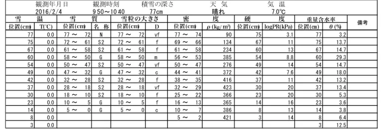 Table 6.5  Physical properties of snow at the SIRC on February 4, 2016.