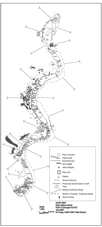 Figure 5 Barrage-Styled Pondfi elds (HLW-13), Upper East Halawa Gulch. This complex has 39 garden plots, is 1.264 ha in total size, and has an average plot size of 324 m 2
