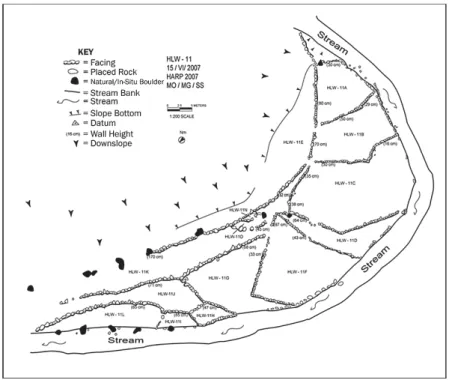 Figure 7 Irrigated Terrace Complex (HLW-11A to 11O), Lower West Halawa Gulch. This complex has 13 garden plots, is 0.184 ha in total size, and has an average plot size of 142 m 2