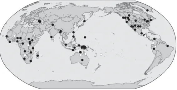 Figure 4 shows 83 languages with applicative constructions.  In Figure 5, I provide a  map using these 83 languages by dividing them into 71 languages with a benefactive function  and the remaining 12 languages without it