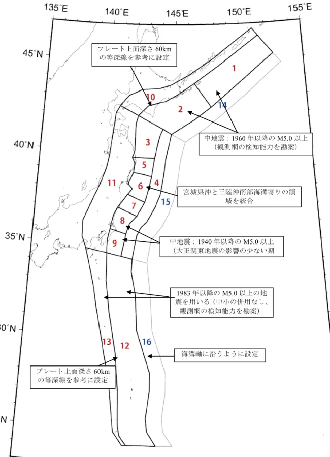 図 2.4.3.3-2  太平洋プレートの震源断層を予め特定しにくい地震の地域区分と頻度算定に用いる地震カタログ．特記 のない場合は，標準カタログを使用．海溝軸の外側の 3 領域（青字）は後述のアウターライズの地震の領域． 1983年以降のM5.0以上の地震を用いる（中小の併用なし、観測網の検知能力を勘案）プレート上面深さ60kmの等深線を参考に設定プレート上面深さ60kmの等深線を参考に設定中地震：1940年以降のM5.0以上（大正関東地震の影響の少ない期中地震：1960年以降のM5.0以上（観測網の検知