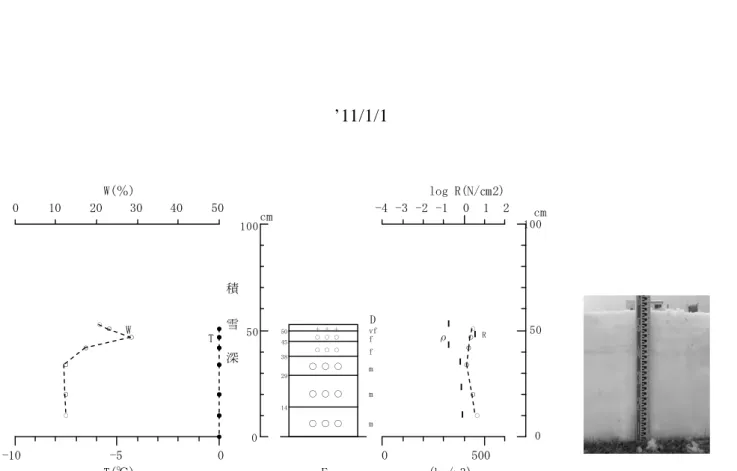 Table 6.4  Vertical pro ﬁ le of physical properties of snow at the SIRC on January 1, 2011.