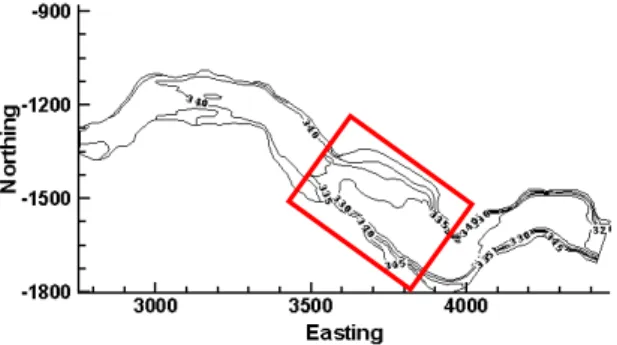 Figure 2 shows  the  topographic  map  of Dashidaira  reservoir  which  was  extracted  from  the surveying data before the sediment flushing operation in 2012.