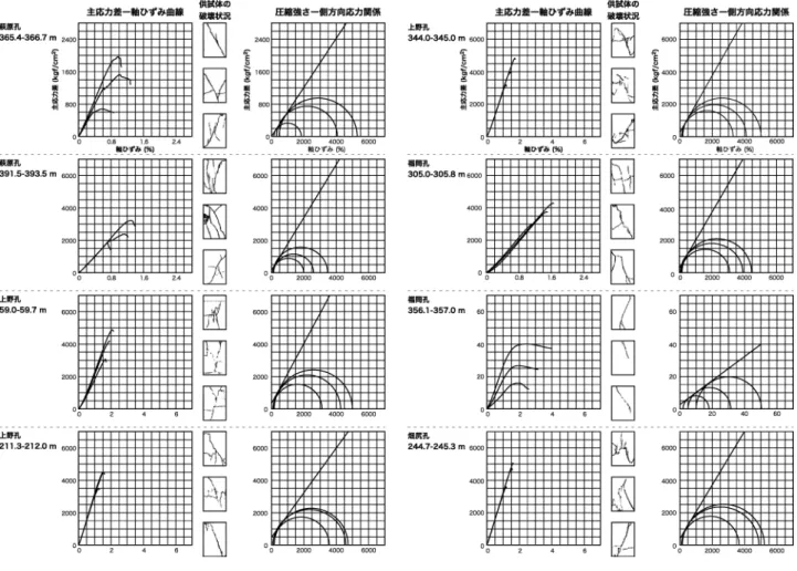 Fig. 6    Stress-strain curves, rock sketches after breakdown, and Mohr’ s stress circles showing the results of the triaxial compression  test