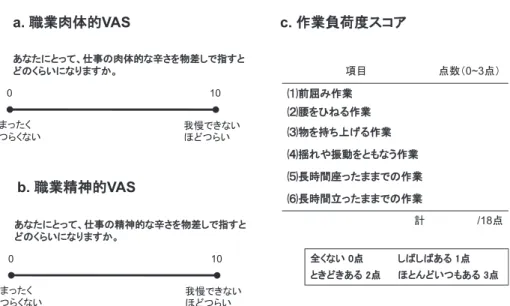 図 1 a．職業肉体的 VAS，b．職業精神的 VAS，c．作業負荷度スコア