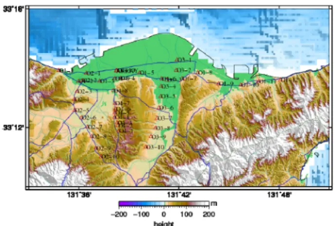 Fig. 1 Microtremor measurement sites in Oita  City.  ３．微動観測結果    単点微動観測記録は、3 成分のフーリエスペク トルを計算した後水平成分と上下成分の比を求め たが、本研究では NS/UD と EW/UD を分けて扱う。 42 点のうち、O1（東西）測線の 12 点の結果を Fig  2 に示す。各点ともピーク振幅比はせいぜい 3 倍 とそれほど大きくなく固い地盤と柔らかい地盤の 境界での速度差が大きくないこと、NS/UD と EW/UD で大き