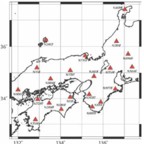 Fig.  1:  Distribution  of the F-net  stations  in the  southwestern Japan used in this study