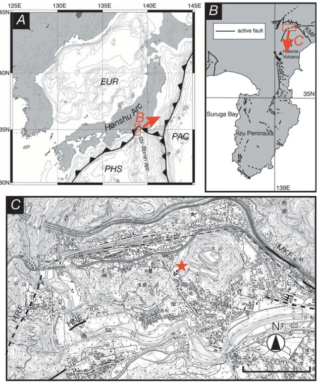 図 1  山北南観測井の位置図．地形図は 1:25,000 国土地理院発行「山北」を利用した．HNF: 日向断層，HRF: 