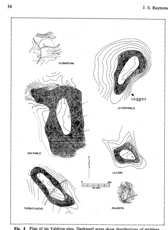 Fig. 4 Plan of six Valdivia sites. Darkened areas show distributions of middens.