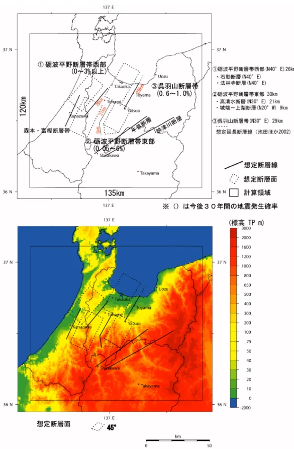 図 2.2  巨視的モデルの設定位置と簡便法による地震動予測地図作成領域 