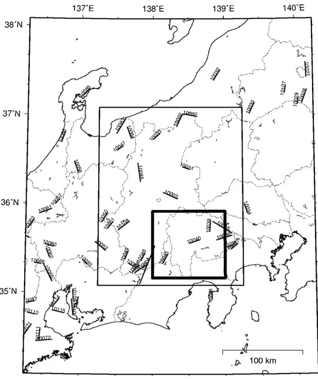 図 3.4.3-1 その他の地震のうちグループ１の地震に対応する活断層  の中で確率論的地図の試作で用いる活断層