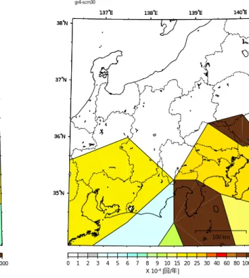 図 3.4.4-7(1) フィリピン海プレートのグループ３＋４の地震のうち、マグニチュード5.0以 上の地震の１年あたりの発生頻度 （0.1 度のメッシュあたり、地域区分する方法による結果）(a) 1885 年〜 2000 年の地震（中地震） (b) 1983 年〜 2000 年の地震（微小地震） 図 3.4.4-7(2) フィリピン海プレートのグループ３＋４の地震のうち、マグニチュード5.0以 上の地震の１年あたりの発生頻度 （0.1 度のメッシュあたり、地域区分しない方法による結果）(a) 1885 年