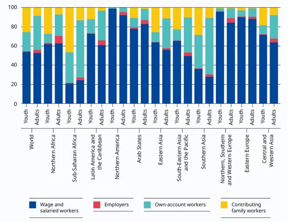 Figure 3. Employment status of youth and adult workers by regions, 2019 (%)  Source: ILO (2020, p.43) 